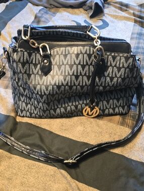 MK Boutique Black and Gray Logo Shoulder Bag with Gold Charm Extra Strap New
